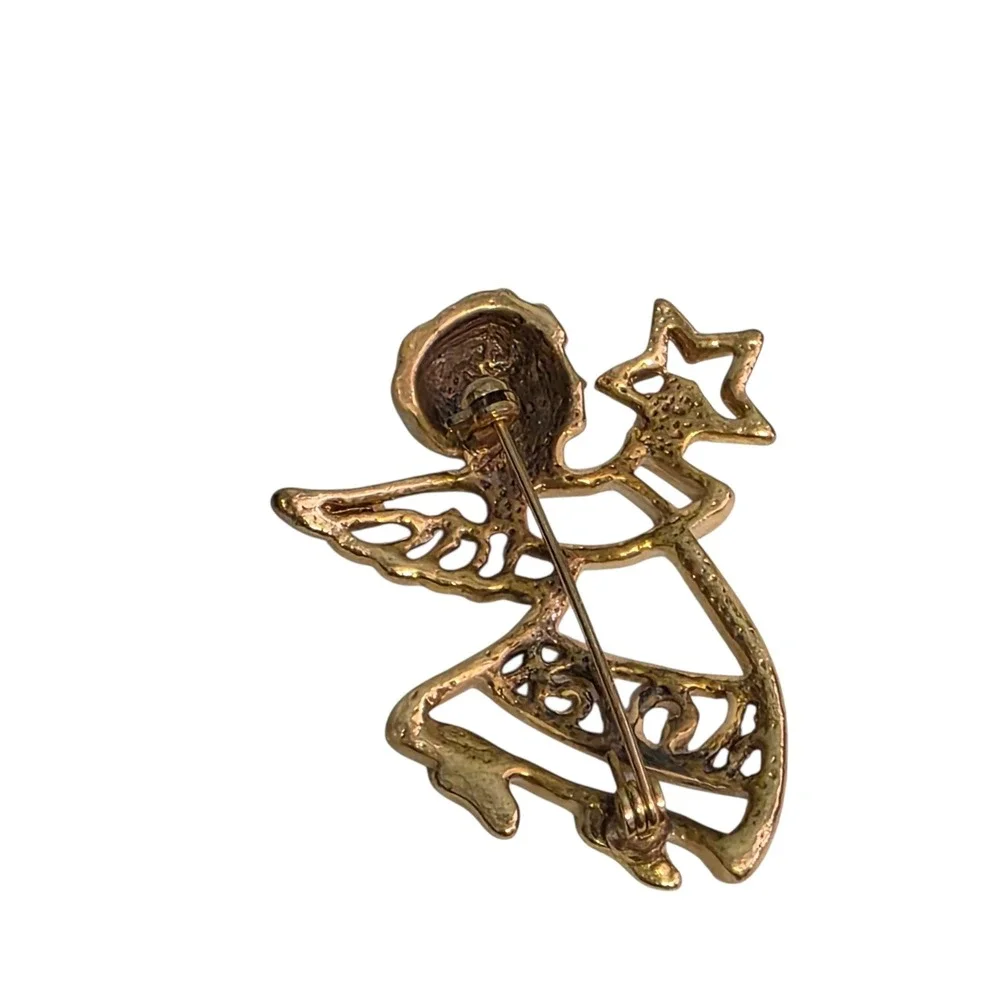 Vintage Gold Tone Angel Holding‎ Star Brooch Pin Celestial Cherub Jewelry